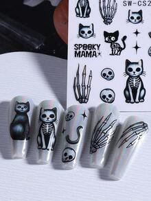 3D 万圣节骷髅美甲贴纸 2 件黑蓝色彩色恐怖骷髅手猫蜡烛漂流瓶星形骷髅字母蜈蚣卡通美甲贴花 DIY 万圣节派对装饰节日美甲主题装饰万圣节装饰 - 彩色 - 查看 5