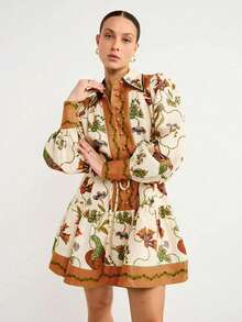 Women's Spring And Summer Short Dress Bohemian Printed Casual Cardigan Long Sleeve Printed Lapel Dress - Orange - View 2