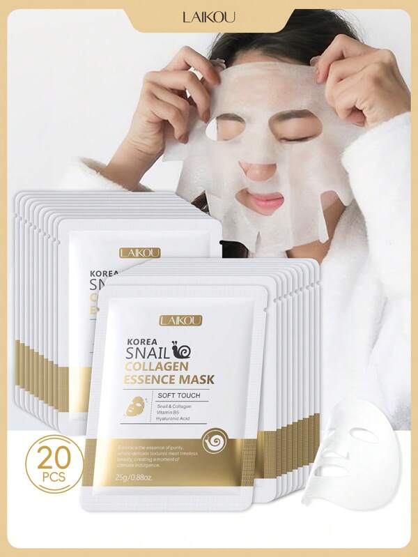 LAIKOU 20 piezas Mascarilla de esencia de colágeno y caracol LAIKOU de Corea que hidrata y aclara, 25g Parche hidratante mascarilla facial de reparación profunda para todo tipo de piel, regalo para mujeres y niñas, Día de la Madre, maquillaje y spa