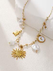 1 pezzo Collana con pendente in acciaio inossidabile colorata e carina a tema marino con stella marina, tartaruga e sole, adatta per amici, ragazze o regali, collana dell amicizia a tema oceanico - Multicolore - Visualizzare 11