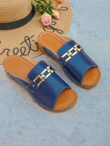 加大码 36-45 夏季时尚休闲海军蓝金属方扣坡跟凉鞋，轻便舒适百搭罗马风格户外女式凉鞋 - 藏蓝色 - 查看 7