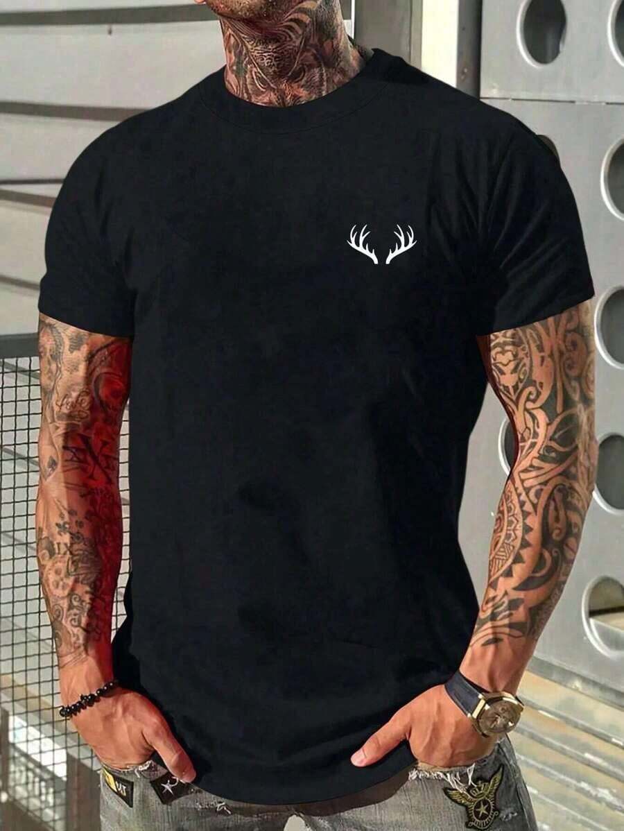 ZIVRE Men's Casual Commuter T-Shirt With Deer Head Pattern, Crew Neck - 黑色的 - 查看 1