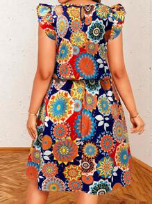 Women's Plus - Size Summer Floral Dress, Flutter Sleeve Round Neck, Ideal Vacation Outfits Women, Flowy Dress Summer For Beach & Casual, Must - Have Summer Clothes With Colorful Pattern