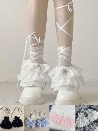 1 Pair Lace Trim Leg Warmers With Bow, Layered Sweet Sheer Mid-Calf Leg Warmers, Suitable For Daily Wear, Party, Performance And Gifts, Y2k, E-Girl, Cozy