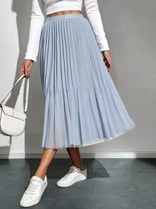 Falda midi dama mujer tejido mesh gllitter suave decorativo pretina elástica bajo recto semi plisado cómodo girly chic día noche fiesta concierto vacaciones calor primavera verano calle concierto cumpleaños - Azul - Ver 3