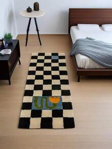 Tapete Estilo Xadrez Preto e Branco Semelhante à Lã, Carpete Estilo Francês Quadriculado para Quarto, Sala de Estar, Sofá, Mesa de Centro, Entrada, Antiderrapante, Lavável na Máquina, Capacho de Poliéster para Uso Interno/Externo, Retângulo