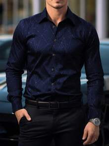 Men's Casual & Formal Multi-Occasion Shirt , Essential Gift For Men, Featuring Subtle Geometric Patterns, Mysterious Symbols, Polyester Fabric, Golden Buttons, Long Sleeve Top - Navy Blue - View 2