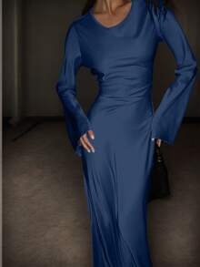 Đầm maxi satin may đo riêng cho nữ dịp Giáng sinh, có dây thắt eo corset, cổ tròn cổ điển và tay áo xòe ấn tượng, đầm dạ hội sang trọng, đầm thanh lịch cho nữ, đầm mùa đông, đầm năm mới, đầm dự tiệc, đầm đi biển, đầm thanh lịch cho quý cô, đầm dài thường ngày, đầm nghỉ mát, đầm mùa hè. - Màu xanh hải quân - Xem 3