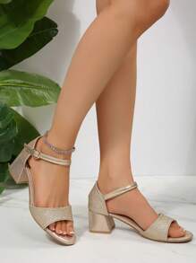 1 par de sandalias romanas con tira en T, puntera redonda, tacón grueso de 5 cm, hebilla metálica, diseño con brillo, para adolescentes y mujeres, de moda lujosa y adorable, adecuadas para uso diario, fiestas, baile, vacaciones, escuela u oficina, para uso interior/exterior, nueva colección primavera/verano 2025