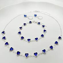 Women's Colorful Heart Necklace + Bracelet And Earrings Set In 925 Silver Plated - Dark Blue - View 3
