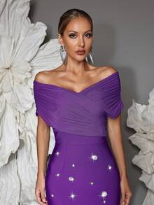 Off Shoulder Handmade Beaded Bodycon Bandage Dress, Sexy & Fitted, Suitable For Family Gatherings, Parties, Formal Events - Purple - View 2