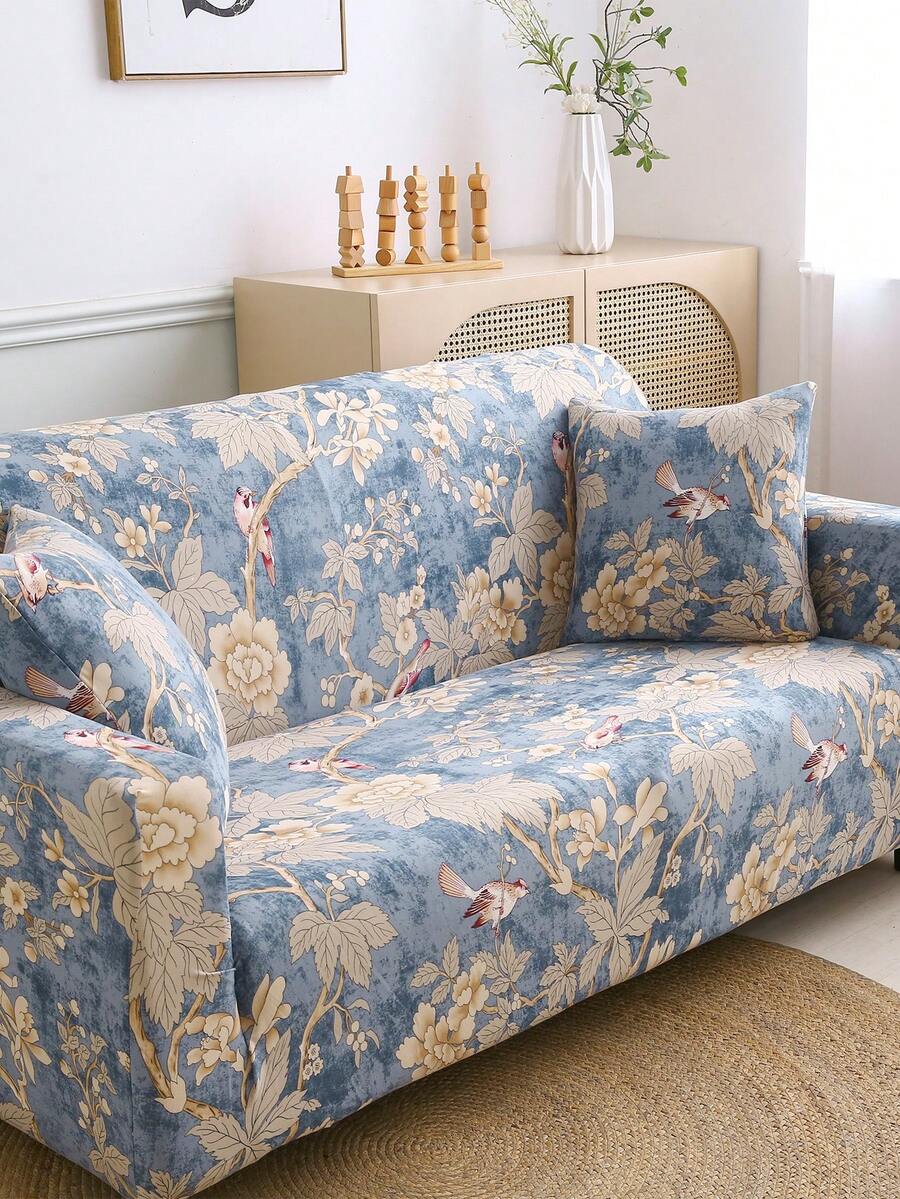 1 Stück dehnbare Sofabezug mit Blumen- und Vogelmuster, modernes Design, aus Polyesterfaser gefertigt, maschinenwaschbar, schützt das Sofa vor Staub und Schmutz, geeignet für Heimdekoration, Partys, Geschenke, in verschiedenen Größen erhältlich