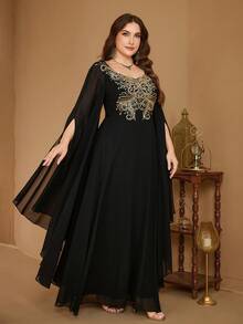 Vestido negro de gasa bordado de manga larga de globo y cuello en V de UNITHORSE