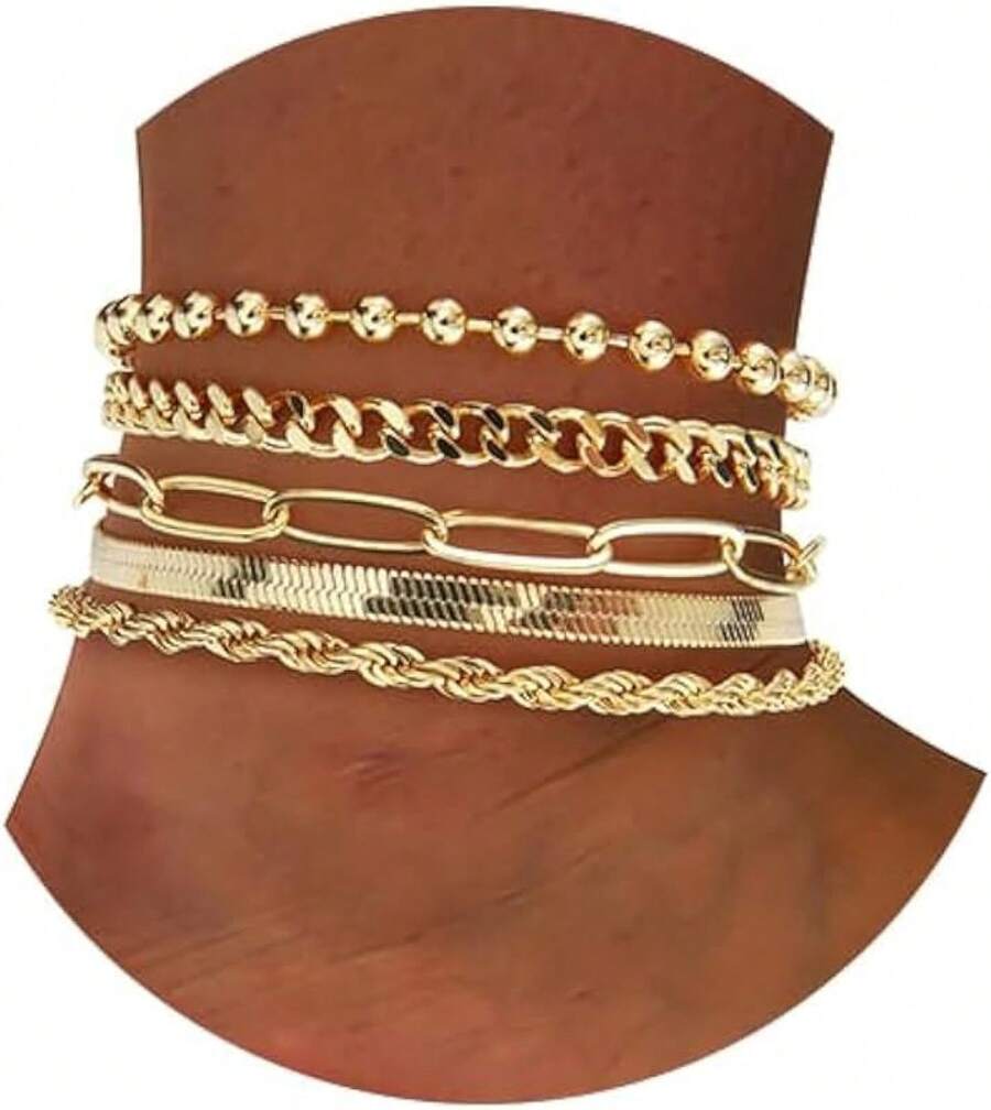 S.Extra Large Anklets For Women Large Ankle, 14K Dainty Anklets For Women Waterproof, 10"+2" Adjustable Large Ankle Bracelets For Women Plus Size, Ankle Bracelets For Women - Gold-5pcs - View 1