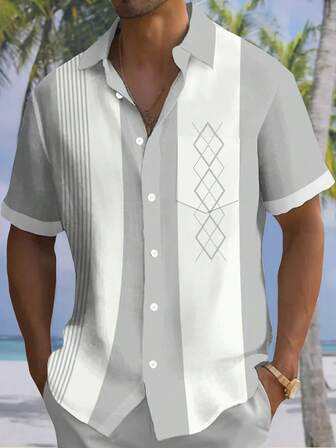 Erkekler İçin Düğmeli Cepli Vintage Geometrik Desenli Kısa Kollu Bowling Gömleği