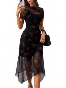 Women's 2025 Summer Floral Print Vintage Goth Dress Mesh Spliced Double-Layered Irregular Hemline Midi Dress - Multicolor - View 7