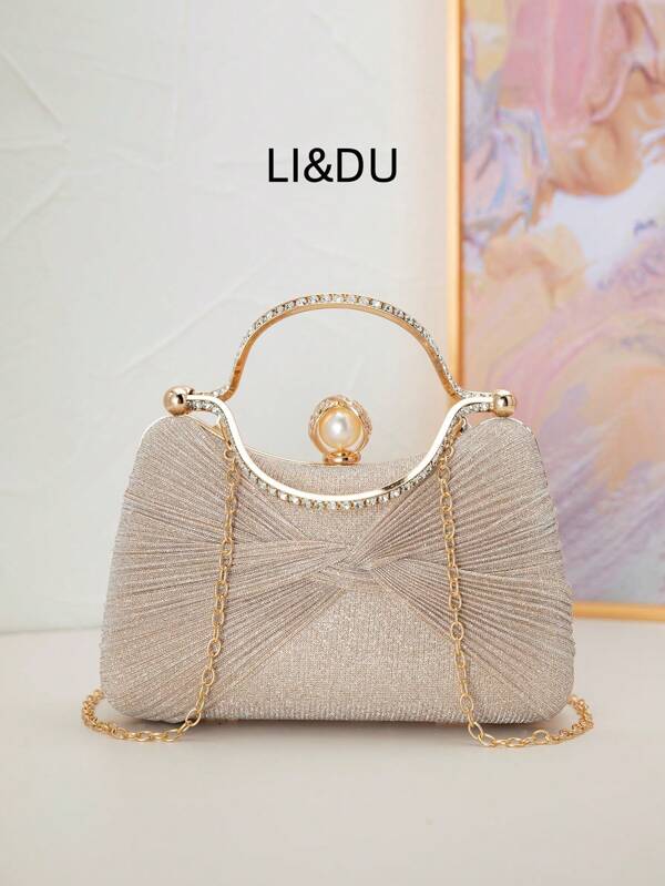 Elegant Romantic Rhinestone Bow Handle Box-Shaped Clutch Bag, Suitable For Wedding And Party