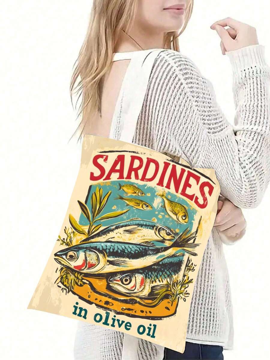 1 件可重复使用的耐用帆布手提袋，带沙丁鱼图案，双面购物袋，送给朋友的礼物，返校 - 彩色 - 查看 1