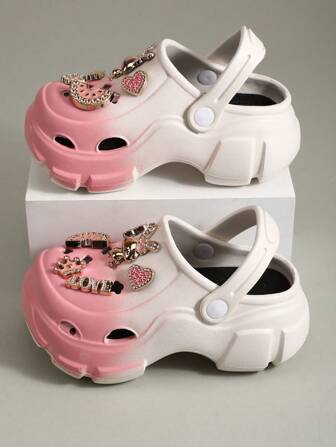 1 Pair Girls Gradient Pink-White Round Toe Cute Gold Plated Rabbit Decor Thick Bottom EVA Waterproof Non-Slip Sandals, Suitable For Summer