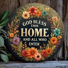 1pc Wooden God Bless This Home And All Who Enter Welcome Sign, 20x20cm Round, Wreath Design, Wall Hanging Decor For Front Door, Porch And Entryway, Entrance Art | Decorative Sign | Wooden Structure, Home Decor, Hole Style Random - Multicolor - View 3