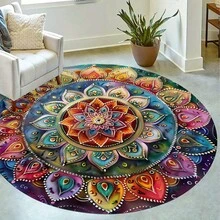 1 pieza Alfombra redonda de área con patrón bohemio vibrante, adecuada para dormitorio, decoración interior y exterior, felpudo decorativo, alfombra, decoración del hogar, alfombra de sala de estar, alfombra de dormitorio, alfombra lavable - Multicolor - Ver 2