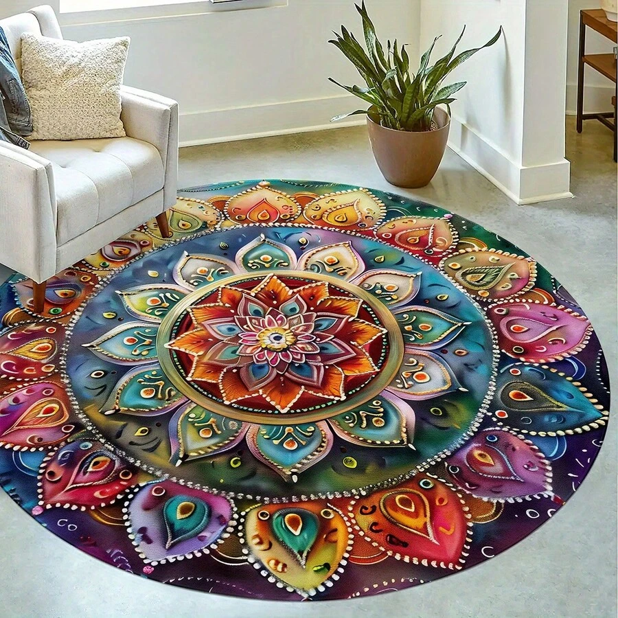 1 pieza Alfombra redonda de área con patrón bohemio vibrante, adecuada para dormitorio, decoración interior y exterior, felpudo decorativo, alfombra, decoración del hogar, alfombra de sala de estar, alfombra de dormitorio, alfombra lavable