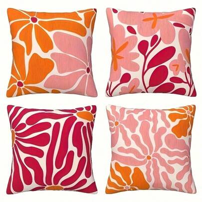 4pcs Set Groovy Floral Polyester Pillow Covers - Bold Colorful Modern Abstract Floral Print Decorative Cushion Covers, 45x45cm Square Zipper Closure, Washable, For Home Decor, Living Room, Bedroom, Outdoor, Holiday Party, Easy Care, No Fillers Included