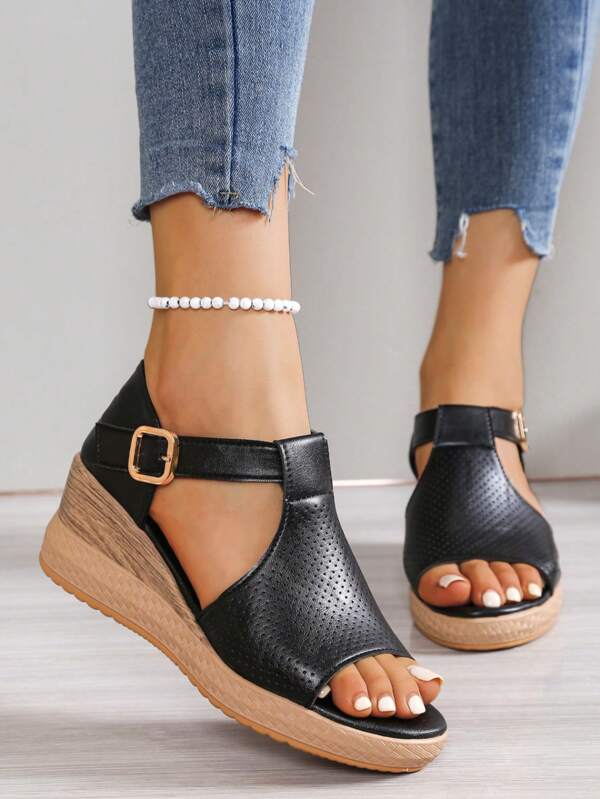 Sandalias de moda negras de verano 2025 para mujer, con una hebilla, suela gruesa, tacón de cuña que aumenta la altura, cómodas y de punta abierta, ligeras y casuales