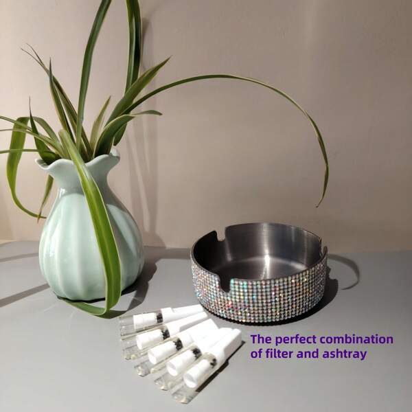 1pc Luxury Stainless Steel Rhinestone Ashtray With 5 Filters - Round Design, Suitable For Home, Bar, Office, Car - Perfect Gift For Men, Party Decor, Durable And Fashionable