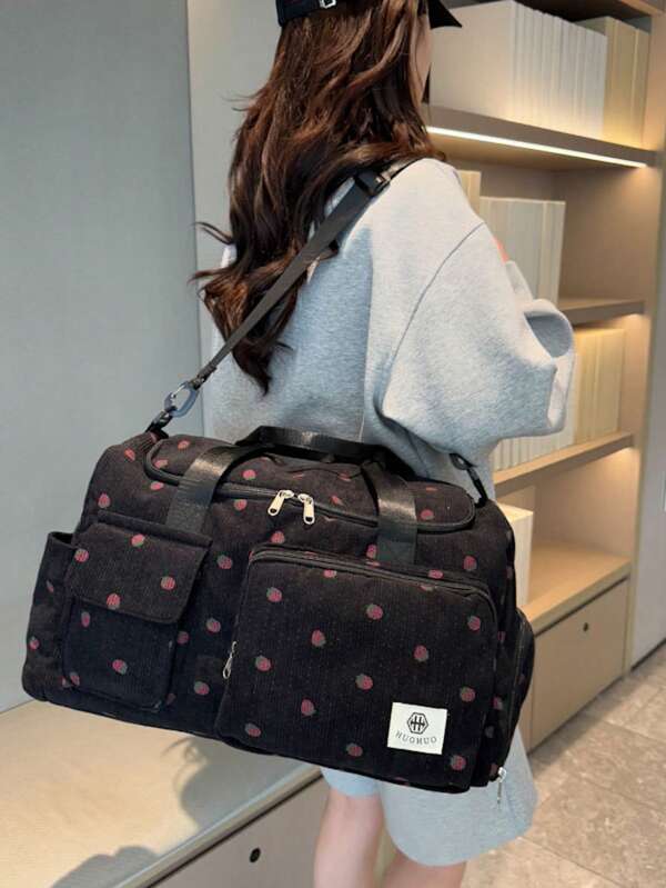 1pc Strawberry Print Corduroy Large Capacity Travel Bag With Separate Wet/Dry Shoe Compartment, Multi-Functional Weekender Tote For Travel, School, Gym, Suitable For Beach Trips, Weekend Getaways