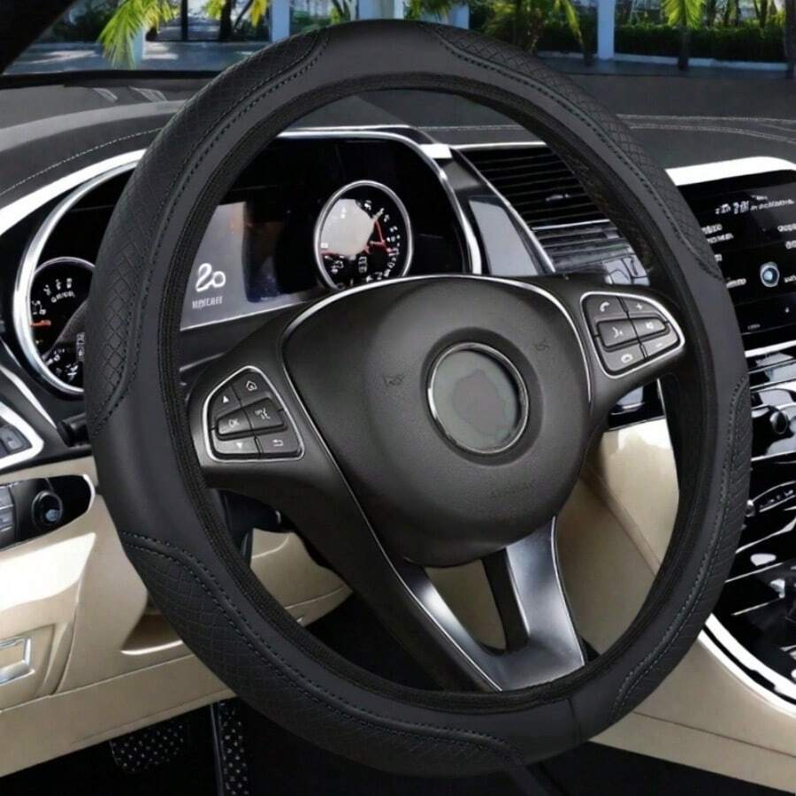 1 Stück Leder geprägte Lenkradabdeckung für Autos, passend für 14,5-15 Zoll, weiches & bequemes Autoaccessoire - Schwarz - Übersicht 1