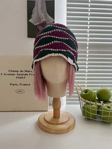 1 件复古条纹手工编织帽，秋冬女士彩色镂空渔夫帽，复古气息，百搭保暖的针织毛线帽