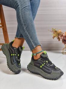 Women's Contrast Color Patchwork Breathable Anti-Slip Rhinestone Chunky Sole Serrated Platform Sneakers, Unique Design, Casual Sports Shoes, Fashion & Comfortable Versatile, Suitable For All Seasons, College Style Chunky Sneakers