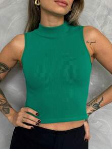 High Neck Blouse Polyamide Seamless Cropped Tank Top With Women's Collar - 綠色 - 查看 2