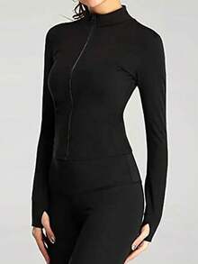 带拇指孔的纯色拉链运动夹克 - 黑色 - 查看 4