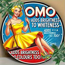 2D Flat - 1 Piece Vintage OMO Metal Sign, 8.0x8.0 Inch Round Retro Iron Plate, 1950s Advertising Element, Nostalgic Home Decor For Kitchen, Bathroom, Laundry Room, Dining Room, Bar, Cafe - Classic Distressed Yellow, No Electricity Needed, Rustic Decor | Vintage Metal Sign | Bold Font, Metal Wall Art Decor, Random Hole Style