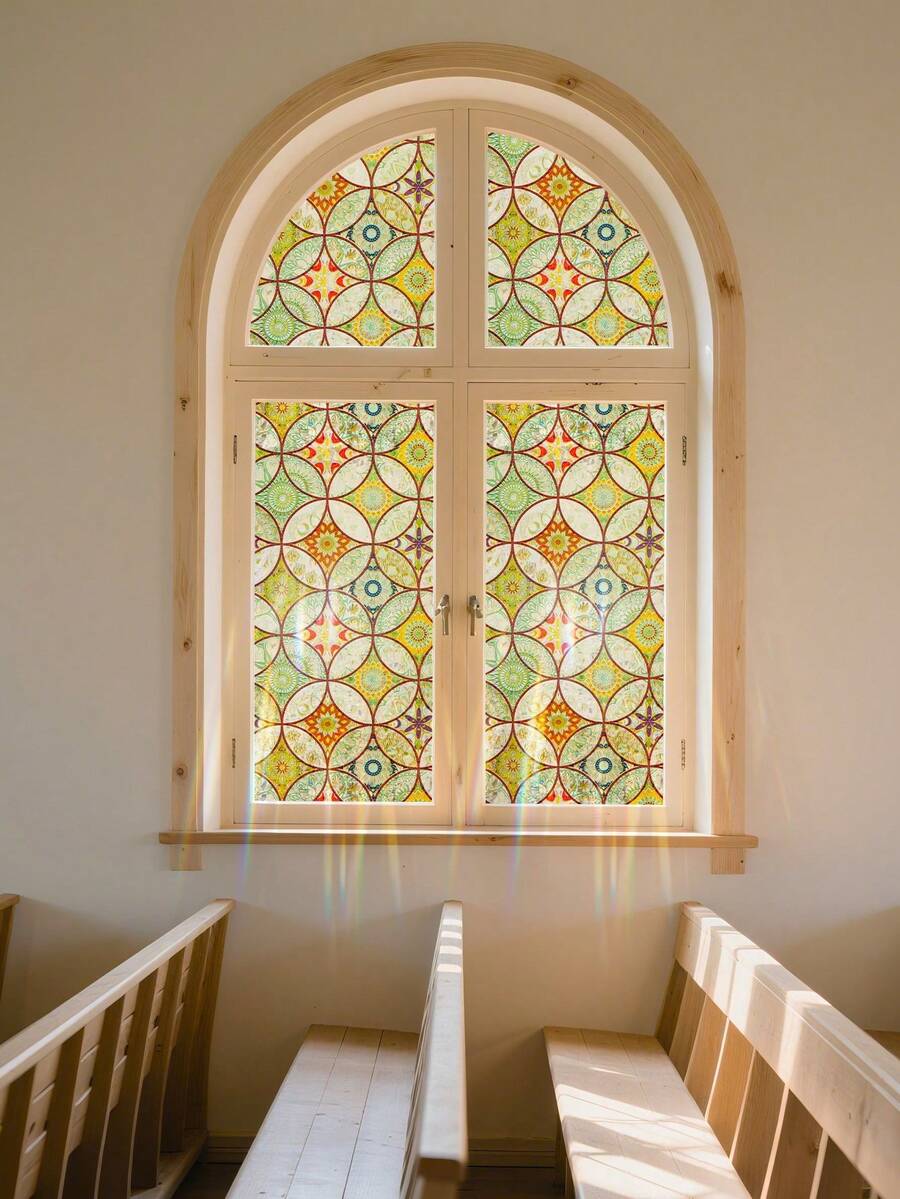 1卷彩色玻璃窗隐私膜，3D彩虹波西米亚风格玻璃贴纸，柔化光线，阻挡紫外线，适用于家庭、浴室、淋浴房门（17.7*197英寸）