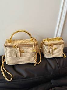 编织纹理手柄盒形手提包，女士春夏新款时尚链条斜挎小方包，百搭沙滩度假钱包