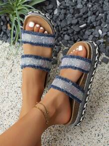 2025 Summer New Cross-Border Chunky Platform Dual-Buckle Rhinestone Soft Cork Slide Sandals For Plus Size Women