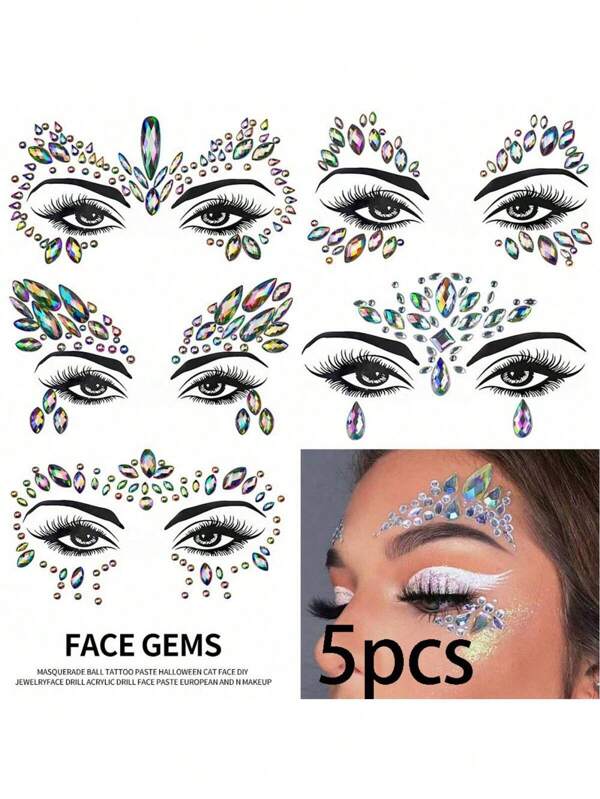 1-5 Sheets Assorted Temporary Face Tattoos, Random Colors & Designs Of Rhinestone Acrylic Resin Decals, Waterproof For Party, Dance, Halloween, Festival, PARTY, Music Festival