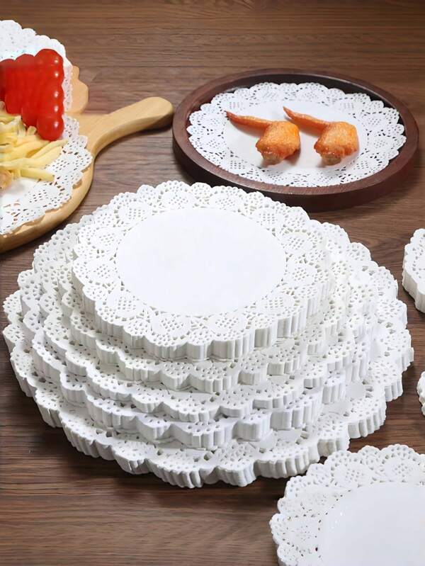100/300 pièces Dessous de plat en papier de dentelle blanche, tapis alimentaires, papiers anti-gras, convenant pour la pizza, les gâteaux, les desserts et les aliments frits, fournitures de cuisine et de cuisson, décoration, fêtes de rentrée scolaire, thèmes d'anniversaire, présentation des aliments