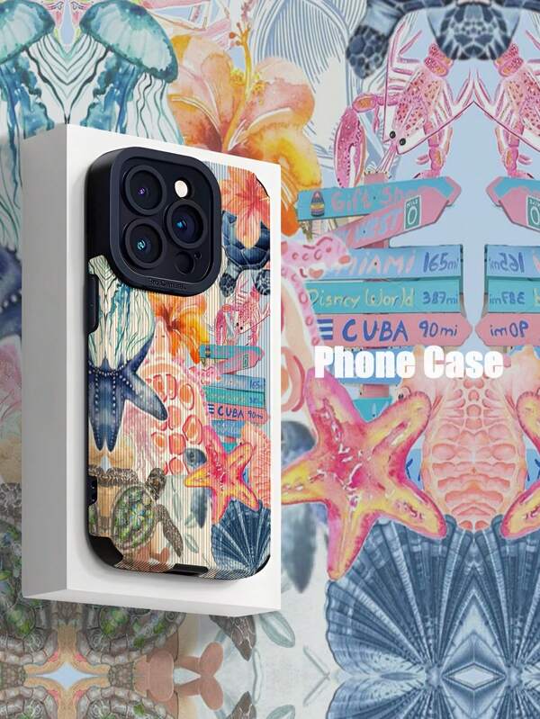 1pc Pastel Blue & Pink Marine Life Patterned Vertical Stripes Faux Leather Anti-Drop Soft Phone Case Compatible With Apple And 16/16 Plus/16 Pro/16 Pro Max
