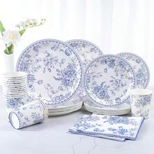 7 英寸/9 英寸一次性纸盘，中式青花花卉一次性派对用品，中式花卉印花纸质甜点盘，纸杯，纸巾，青花花卉纸盘适用于新娘送礼会、婚礼、茶会、花艺派对装饰 - 彩色 - 查看 1
