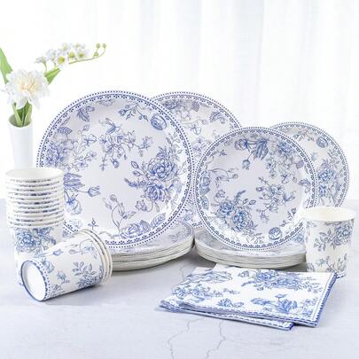 Platos de papel desechables de 7 pulgadas/9 pulgadas, estilo chino con diseño floral azul y blanco, suministros desechables para fiestas, platos de papel para postres con estampado floral chino, vasos de papel, servilletas de papel, platos de papel azul y blanco con diseño floral, aptos para duchade novias, bodas, fiestas de té, decoraciones de fiestas florales