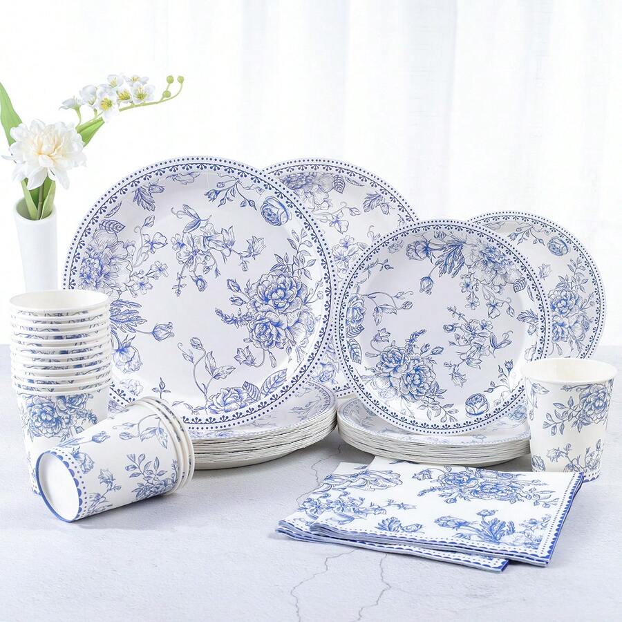 7 英寸/9 英寸一次性纸盘，中式青花花卉一次性派对用品，中式花卉印花纸质甜点盘，纸杯，纸巾，青花花卉纸盘适用于新娘送礼会、婚礼、茶会、花艺派对装饰 - 彩色 - 查看 1