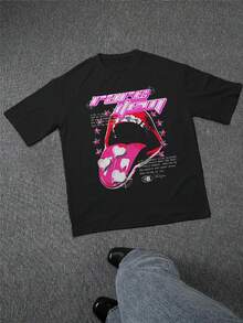 Stylish Men's TShirt Featuring A Pink Rolling StonesInspired Tongue With Hearts And Stars Graphic Print Tee, Perfect For Casual Wear, Ideal For Young Men And Is A Great Gift Choice - 黑色 - 查看 2
