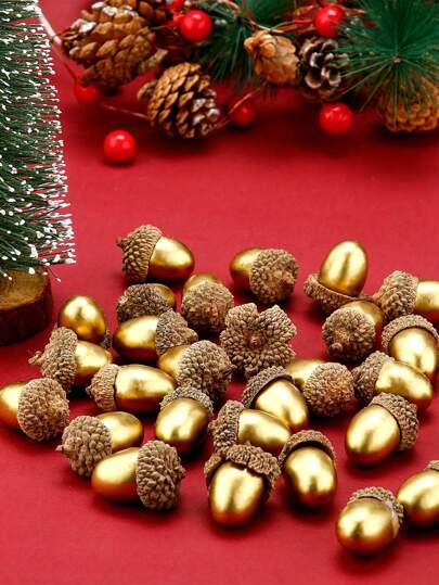 Conjunto de 50 bolotas douradas artificiais, decoração para casa, cozinha, feriados, mesa de Natal e outono, feitas de plástico, sem bateria, sem fio, plantas artificiais