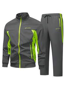 Men's Color-Blocked Zipper Sports Letter Print Sweatpants Set, Casual Fashion And Comfortable Sportswear For Everyday Wear, Suitable For Gym And Outdoor Activities Two-Piece Pack - 灰色 - 查看 1