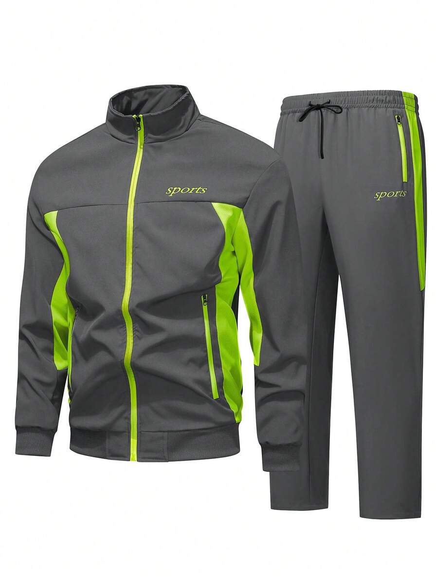 Men's Color-Blocked Zipper Sports Letter Print Sweatpants Set, Casual Fashion And Comfortable Sportswear For Everyday Wear, Suitable For Gym And Outdoor Activities Two-Piece Pack - 灰色 - 查看 1