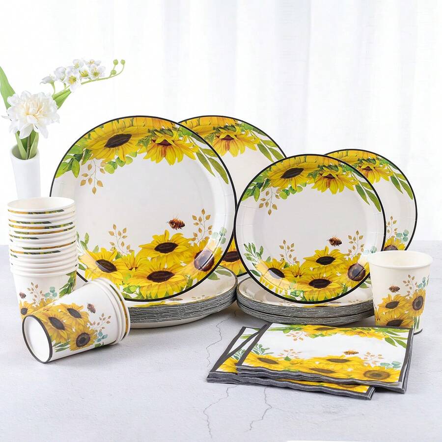 Sunflower Disposable Paper Plates & Napkins, 7/9 Inch Sunflower Party Supplies, Bridal Shower Plates & Napkins, Sunflower Themed Decorations, Party Paper Plates Napkins For Party, Birthday, Wedding Tea